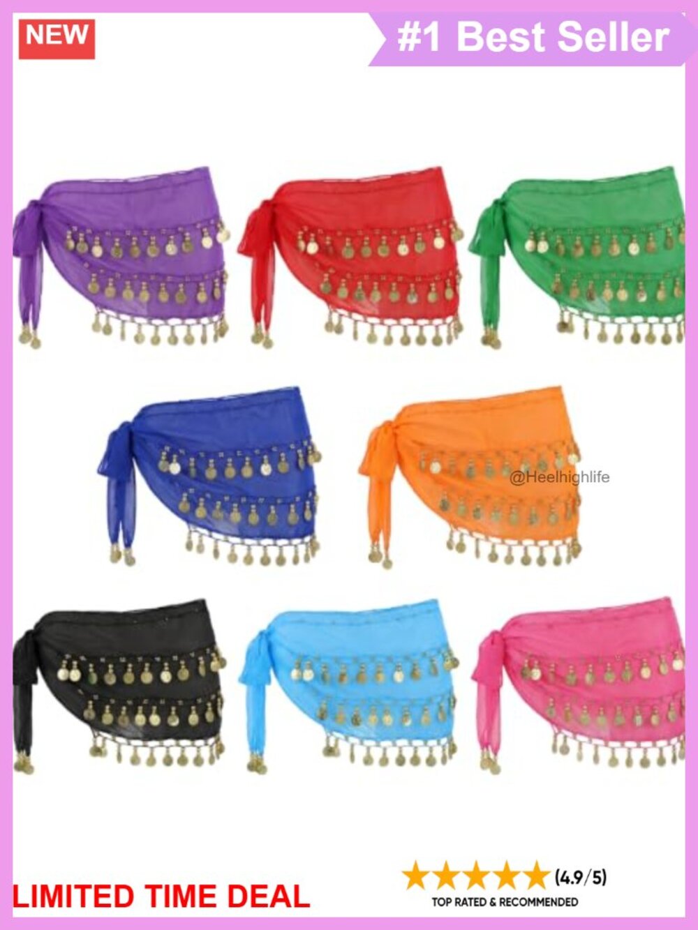 Chiffon Belly Dance Hip Scarf 72 Gold Coins Fringe Skirt